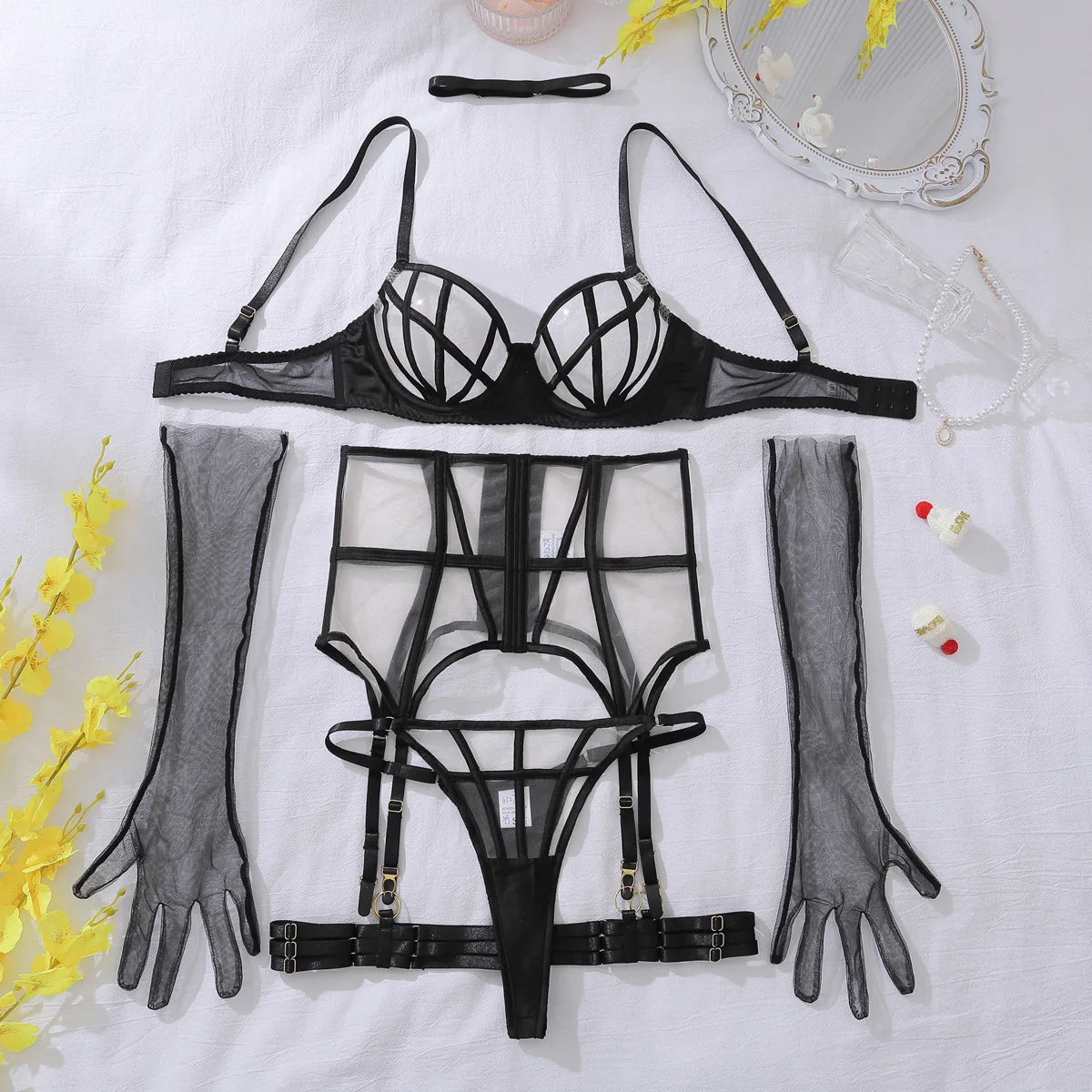 Sexy Luxury Diamond Bra Underwear with Choker Gloves Set