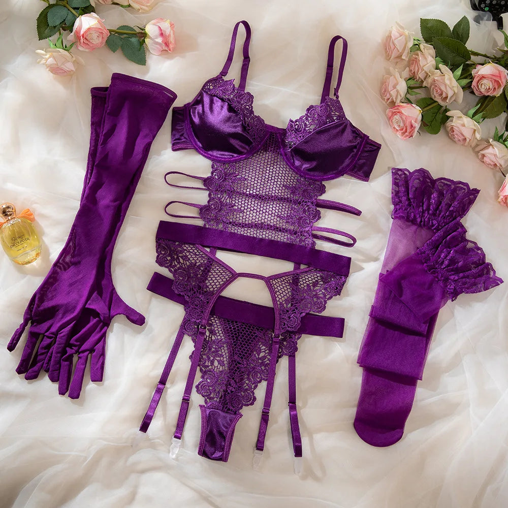 Violet Allure Lace Lingerie Set 4-piece