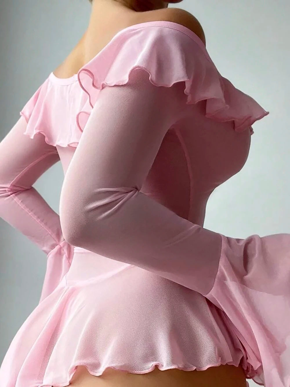 Flare Sleeve Baby Dolls Ladies Ruffled Sweet Girl Transparent Mini Dress