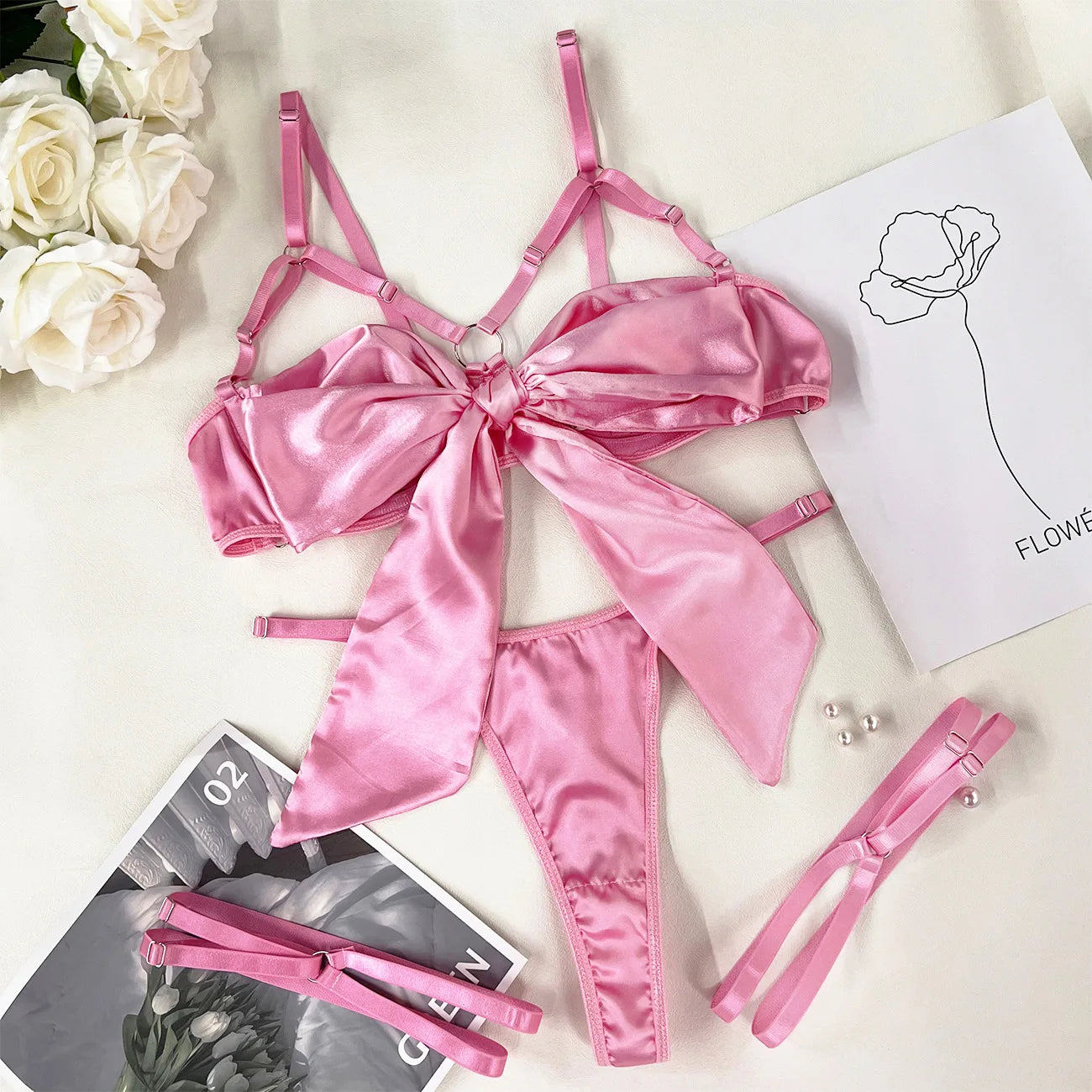 Sweetheart Satin Bow Lingerie Set