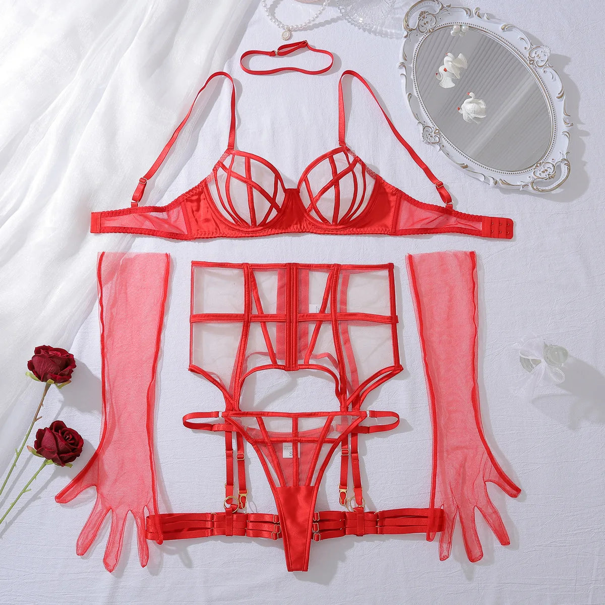 Sexy Luxury Diamond Bra Underwear with Choker Gloves Set