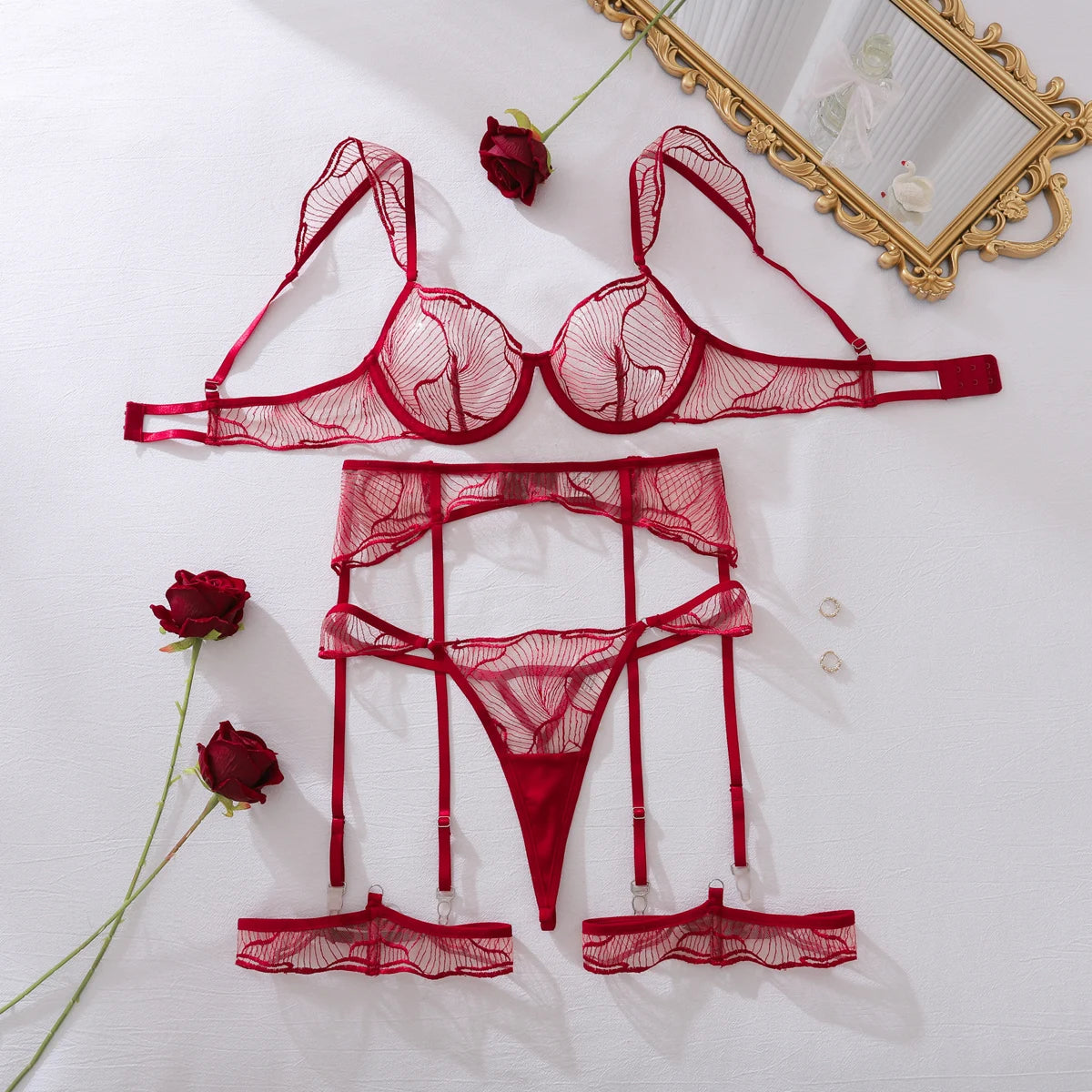 French Sexy Ultra-thin Lace Thin Underwear Girls Hollowed Out Bra Set Luxury Exquisite See-through Erotic four-piece Set