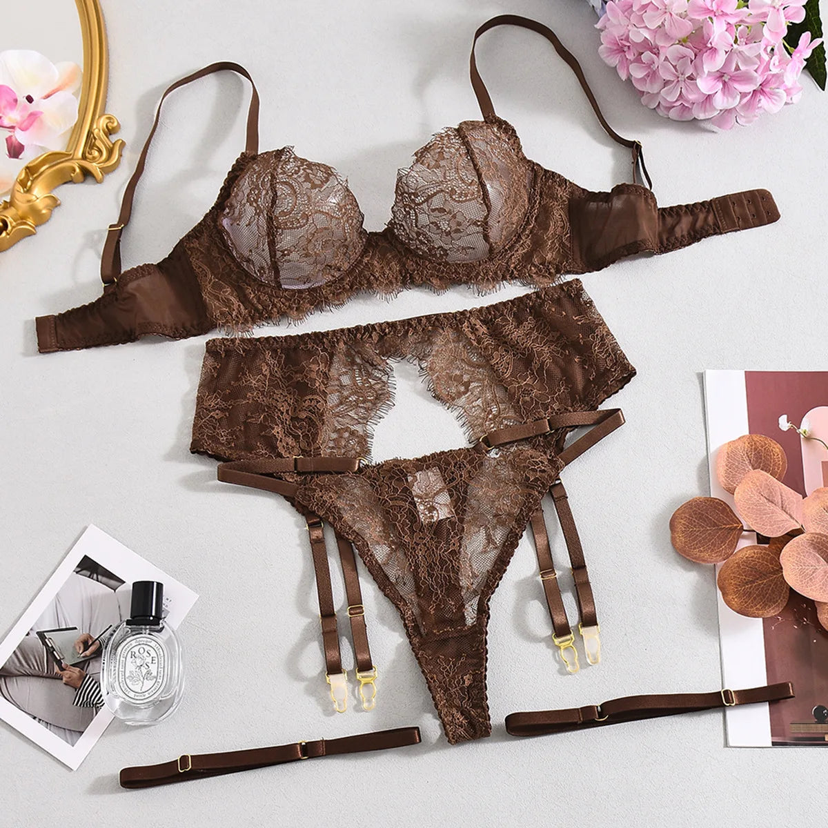 Elegant And Sexy Coffee Bra Belt Thong 3PC Set